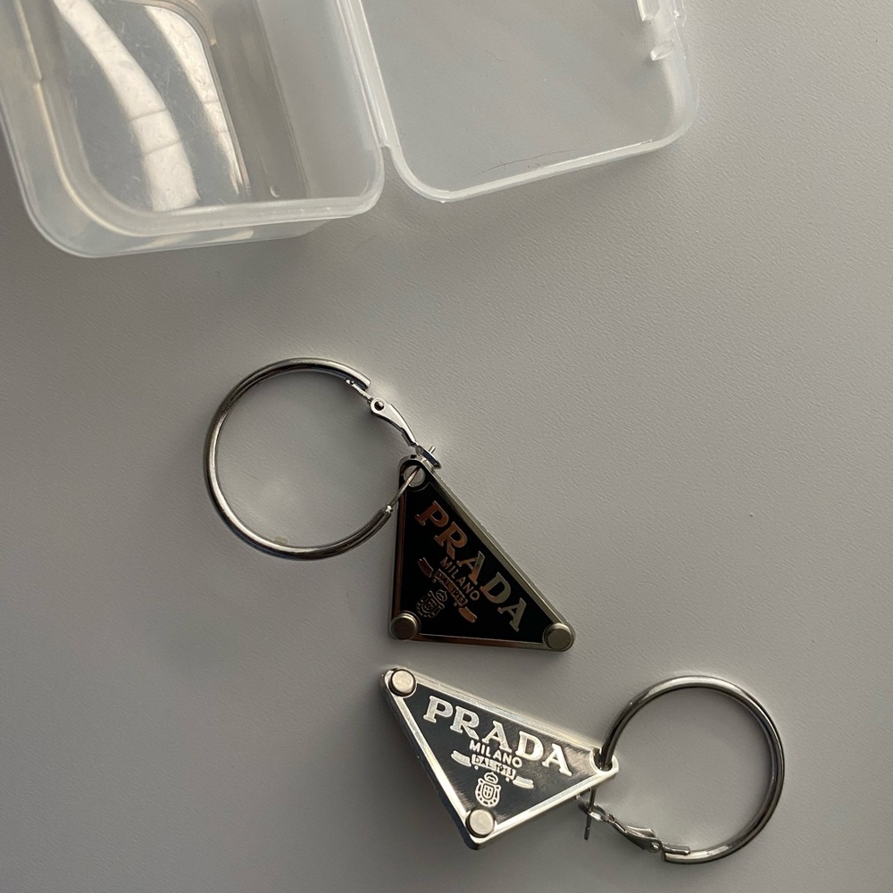Repurposed Prada tag hoop earrings